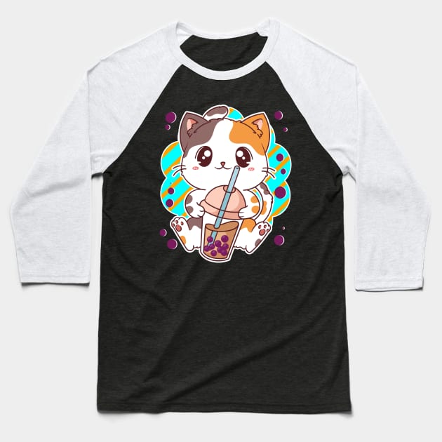 Kawaii Cat Bubble Boba Tea Manga Japanese Baseball T-Shirt by E